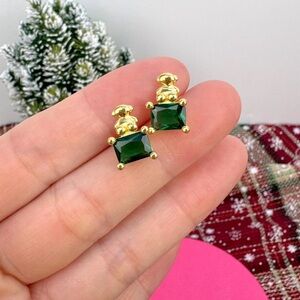 Short plating over silver bear motif earrings with laboratory-grown emerald